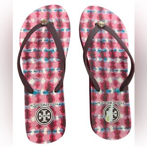 Tory Burch Pink and Blue Patterned Flip Flops